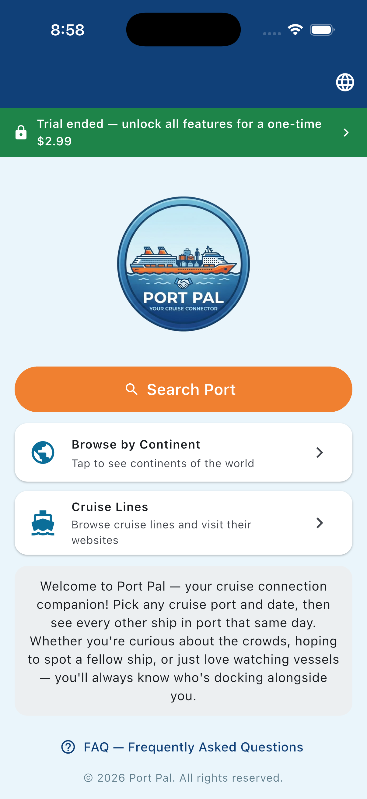 Port Pal app home screen